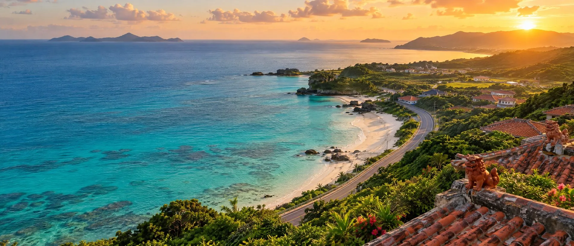 Okinawa coastline at sunset with turquoise sea, a coastal road and red-tiled roofs